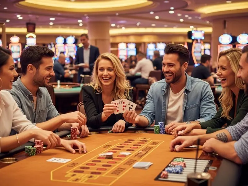 Woman laughing after dealer reveals cards at online casino games real money no deposit