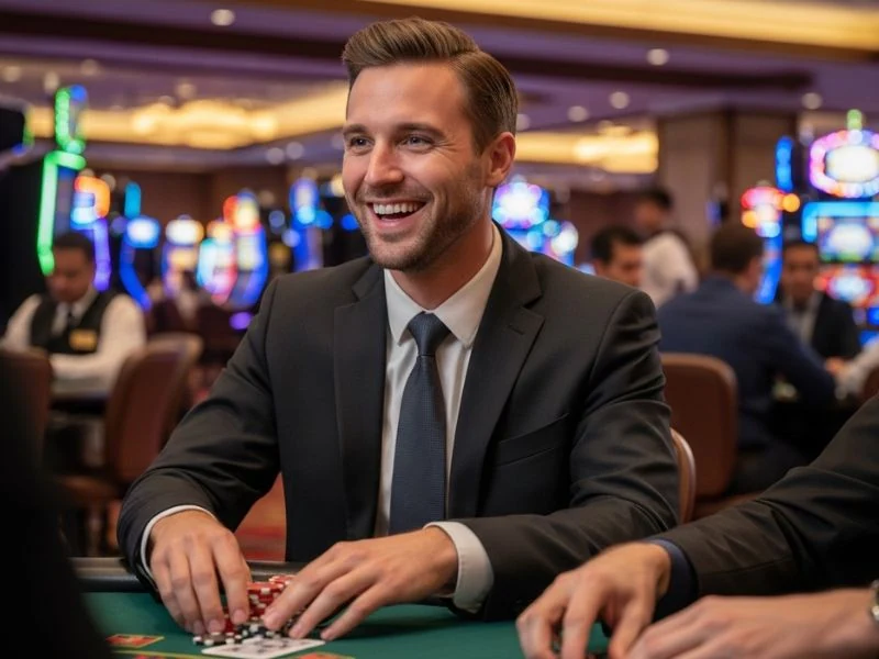 Happy man holding a stack of casino chips at PH365 online casino