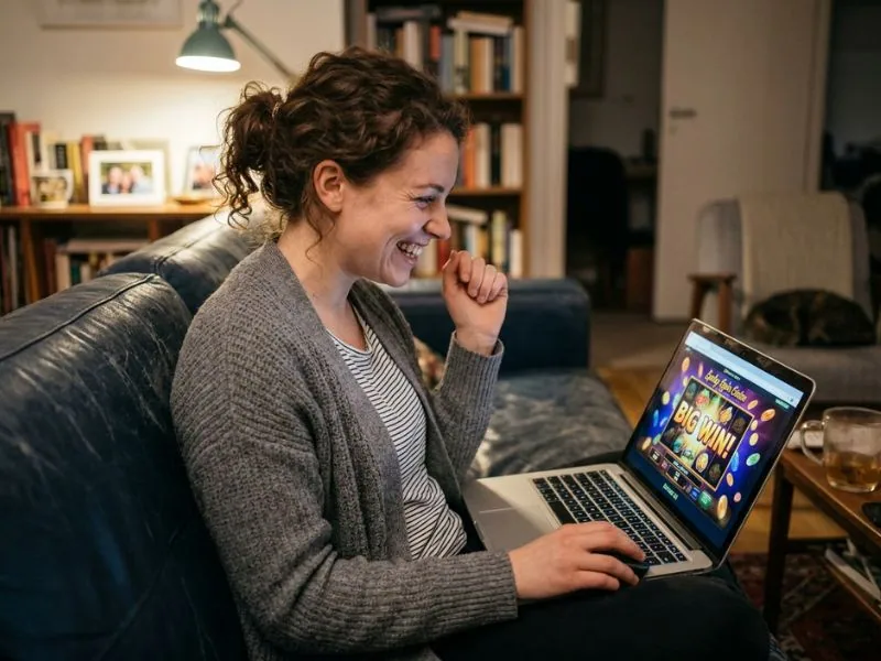 Online casino with free signup bonus happy player smiling while playing games