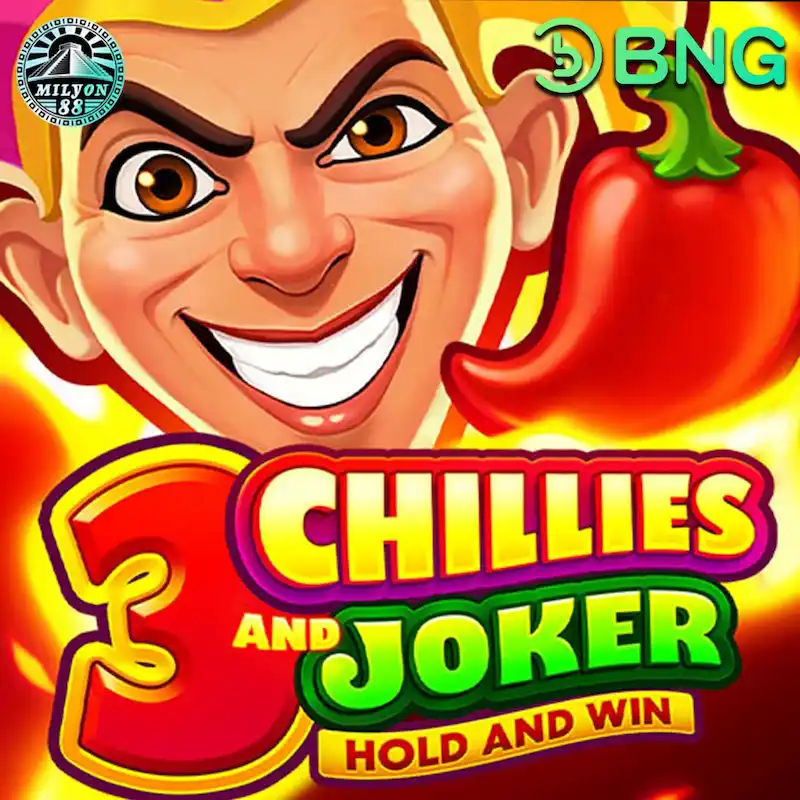 Colorful slot game promotional image featuring a smiling cartoon joker character with a large red chili pepper. The title "3 Chillies and Joker Hold and Win" is displayed in bold yellow and green letters against a bright red and orange background. The BNG logo appears in the top-right corner, creating an energetic online casino game design associated with Milyon88 online casino Philippines - About Milyon88