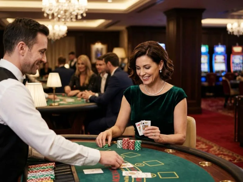 Beautiful woman enjoying a relaxing luxury gaming experience at 7JL Online Casino.