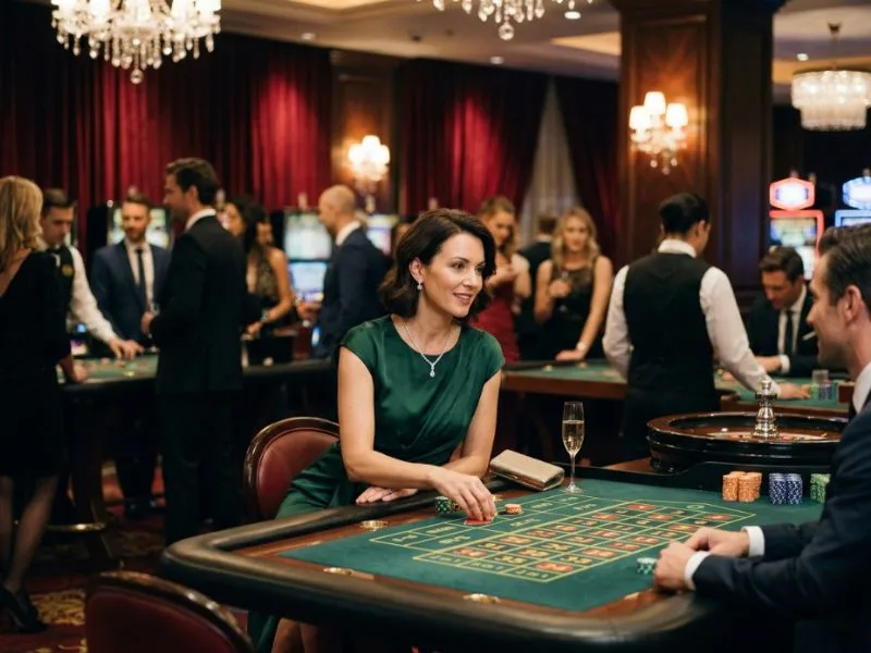 Chic woman enjoying an exciting night of casino entertainment at 7JL Online Casino.