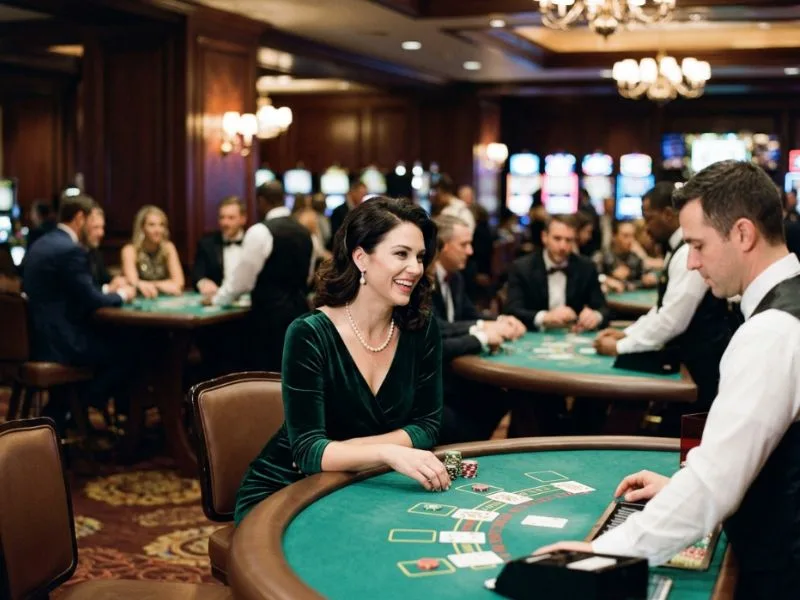 Fashionable woman celebrating a winning moment at an upscale venue with 7JL Online Casino.