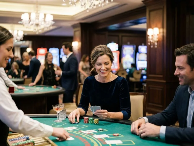 Refined woman surrounded by the energy and glamour of the casino floor at 7JL Online Casino.