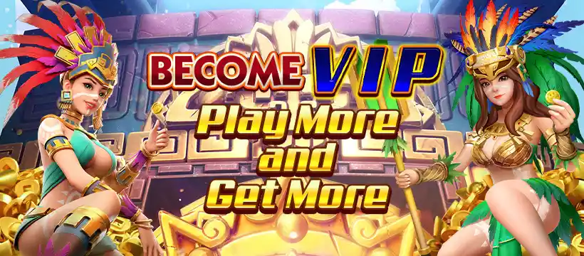 Promotional VIP banner featuring two female warrior characters in colorful feathered headdresses standing beside piles of gold coins. Large text in the center reads "Become VIP, Play More and Get More" against a temple-inspired background. The image promotes exclusive rewards and VIP benefits associated with Milyon88 online casino Philippines.