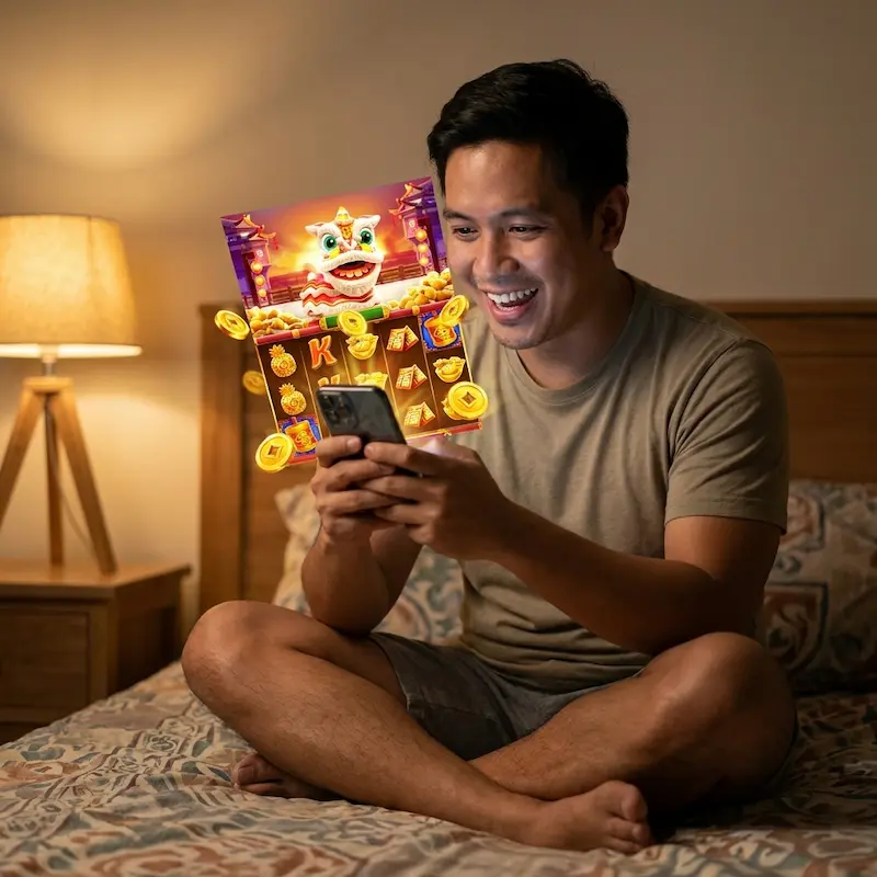 Young Filipino man sitting on a bed at home, smiling while playing a Fa Chai slot game on his smartphone. The screen displays festive Chinese-themed symbols and gold coins, representing the Chinese New Year 2 Slot Game at Milyon88.