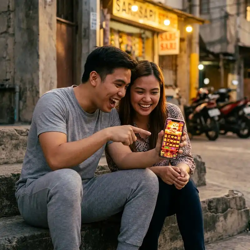 Young Filipino couple sitting outdoors and smiling while looking at a smartphone displaying colorful Slot Games. Urban neighborhood background with a casual atmosphere, highlighting mobile gaming entertainment through Milyon88.