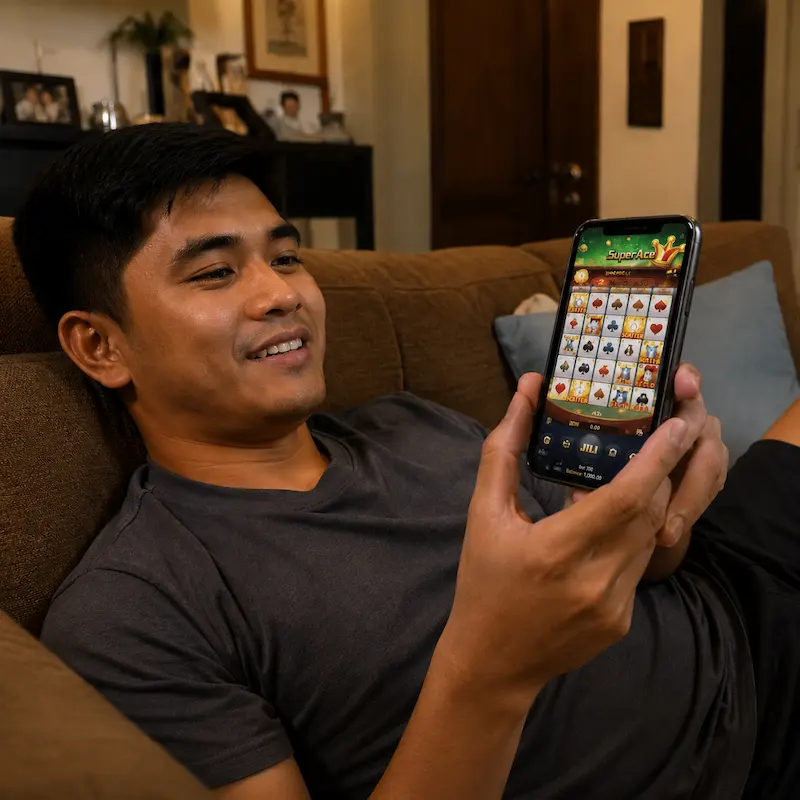 Young Filipino man relaxing on a couch at home while playing a colorful JILI Slots Philippines game, Super Ace, on his smartphone. Warm indoor lighting, casual living room setting, and a comfortable gaming experience associated with Milyon88.