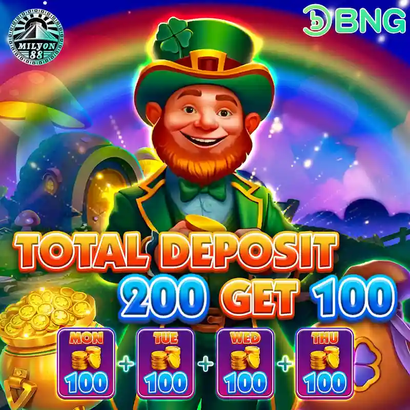 Promotional image for the Lucky Penny casino game featuring a smiling leprechaun in a green suit and hat standing beneath a rainbow. Bold text reads "Total Deposit 200 Get 100," with daily bonus rewards displayed for Monday through Thursday. Gold coins, a treasure pot, and colorful fantasy-themed graphics create an exciting casino promotion associated with milyon88 contact information and player support.