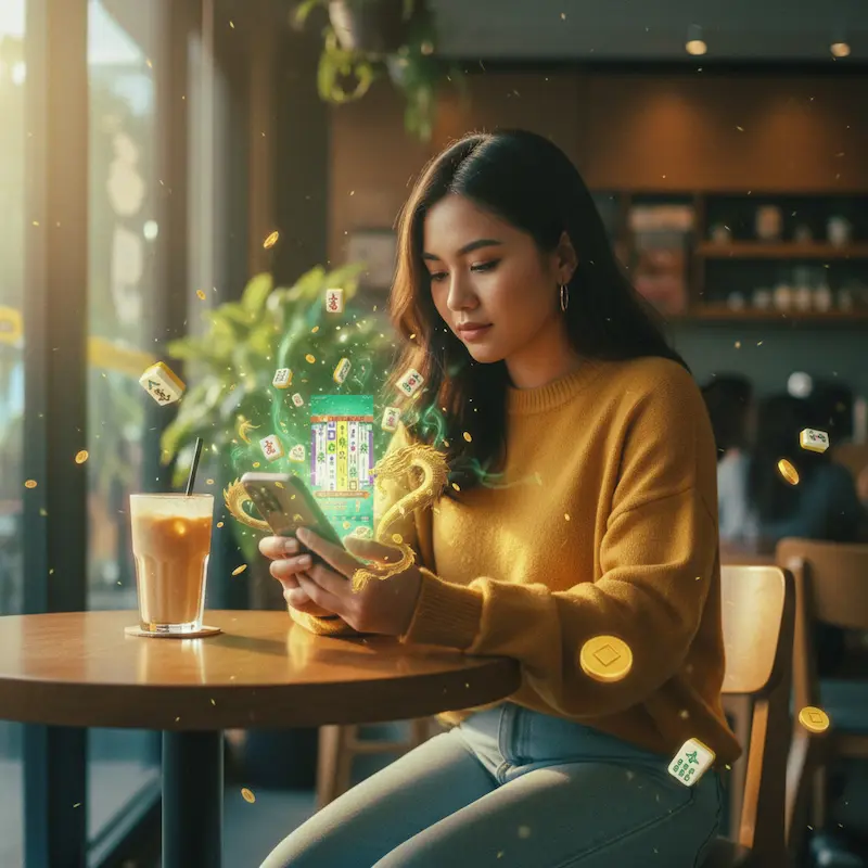 Young Filipina woman sitting in a coffee shop while playing the Mahjong Ways 2 PGSoft Slot Game on her smartphone, with an iced coffee on the table and warm natural light creating a cozy atmosphere. A lifestyle image representing Online Slots Philippines at Milyon88.