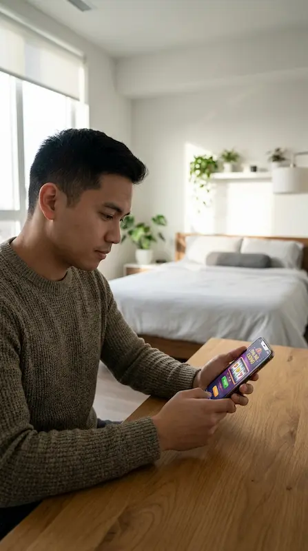 Filipino man using a smartphone in a modern bedroom while reviewing Milyon88 Terms and Conditions for online casino gaming access