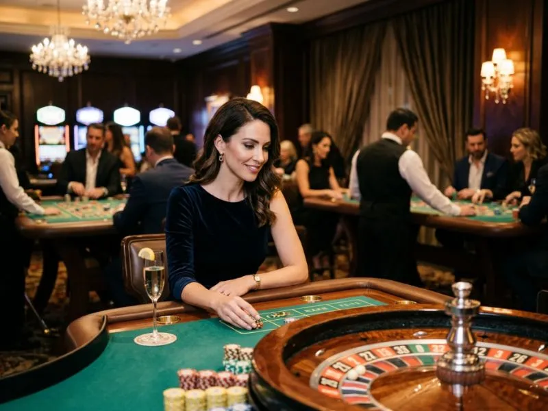 Elegant woman enjoying a luxurious casino evening with confidence at Apex Online Casino.