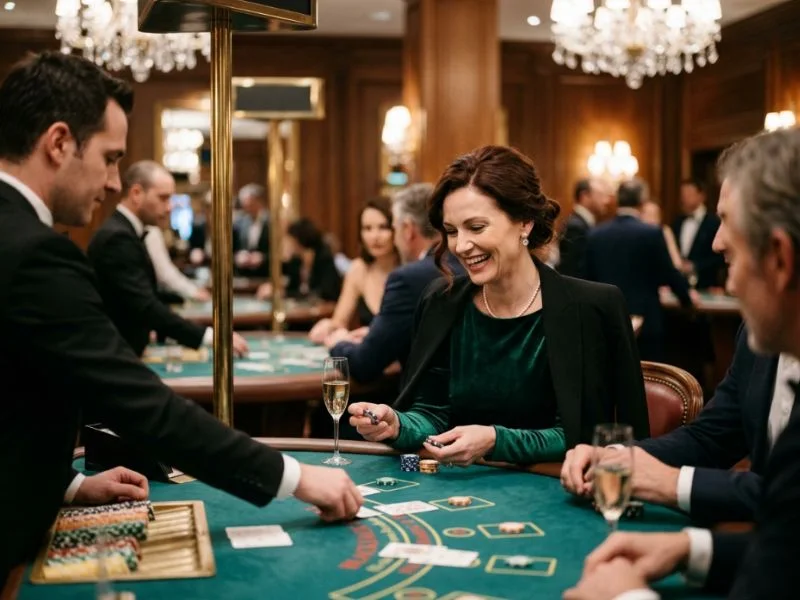 Graceful woman seated at a premium casino table at Apex Online Casino.