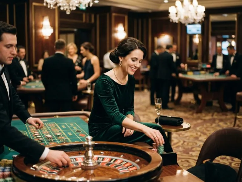 Sophisticated woman smiling while playing at a glamorous casino table at Apex Online Casino.