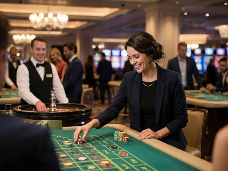 Stylish woman admiring the vibrant casino atmosphere at Apex Online Casino.