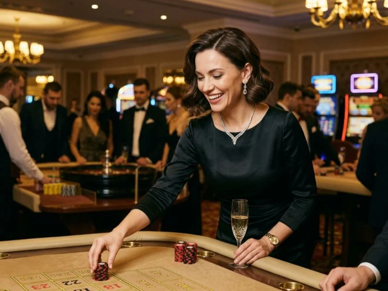 Kings Casino elegant woman enjoying a luxurious casino evening in a stylish, upscale gaming environment