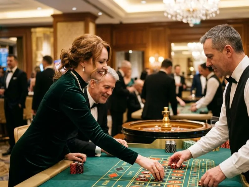lucky cola.com casino fashionable lady celebrating a winning moment in an upscale casino