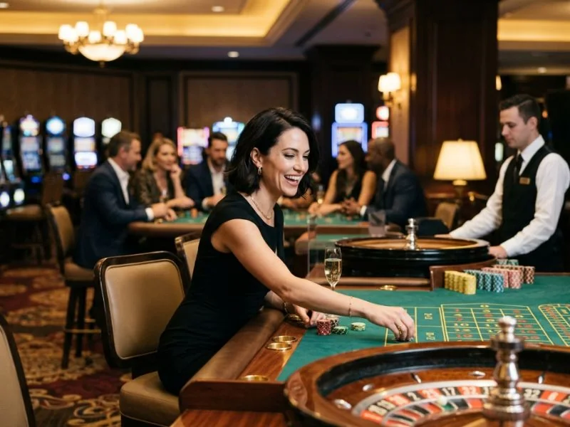 lucky-cola.com casino graceful woman seated at a premium casino table with elegant ambiance