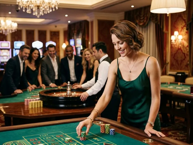 lucky cola.com casino refined woman enjoying the glamour and energy of a lively casino floor