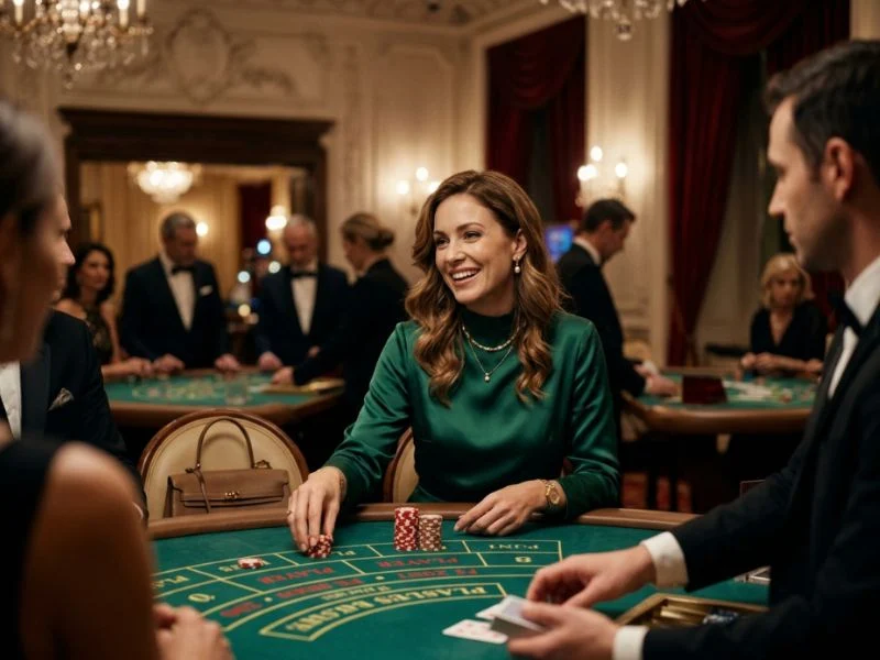 Charming woman immersed in a high-end casino night at LuckyStar Online Casino.