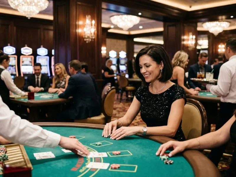Elegant woman enjoying the thrill of casino gaming in a luxurious setting at LuckyStar Online Casino.