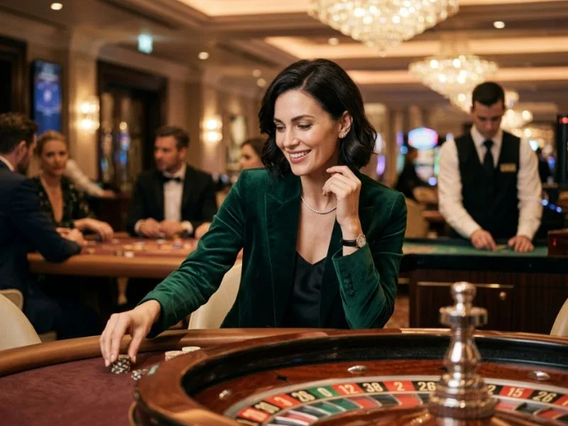 Stylish woman enjoying the glamour of an exclusive gaming venue at LuckyStar Online Casino.