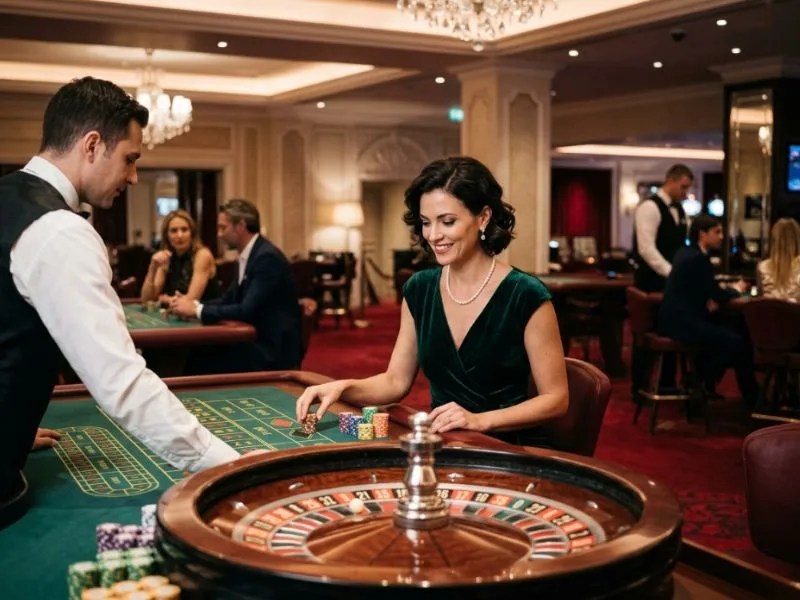 Graceful woman celebrating a memorable evening at a luxury casino resort with Q25 Online Casino.