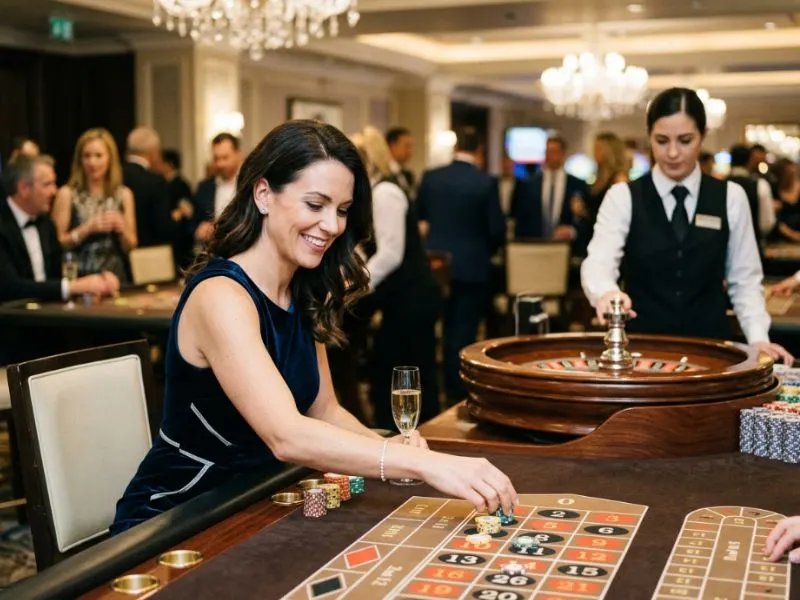 Sophisticated woman enjoying the lively atmosphere of a modern gaming venue at Q25 Online Casino.
