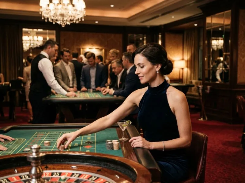 Stylish woman relaxing in an elegant casino lounge at Red Casino during a premium gaming night.
