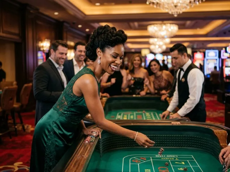 Refined woman admiring the vibrant atmosphere of a luxurious gaming venue at Red Casino.