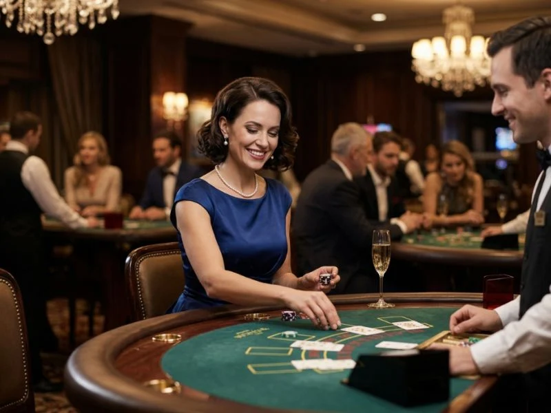 Sophisticated woman celebrating an exclusive casino evening at Red Casino.