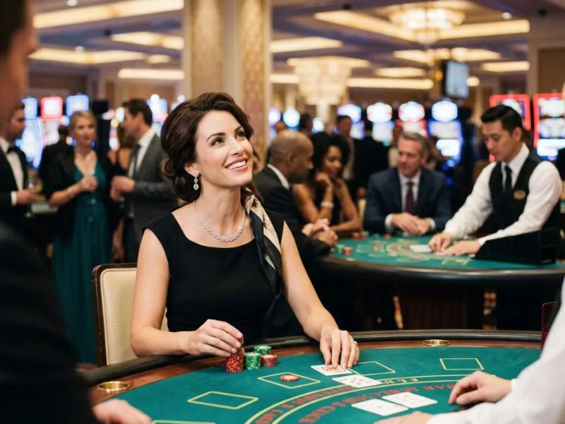 Chic woman surrounded by dazzling casino lights during a premium gaming experience at Z25 Casino Login.