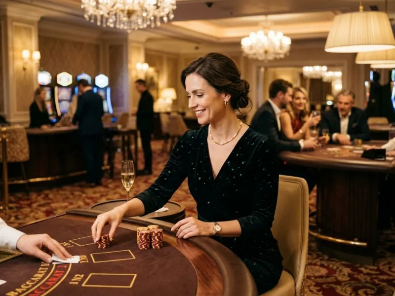 Stylish woman embracing the glamorous casino atmosphere at Z25 Casino Login.