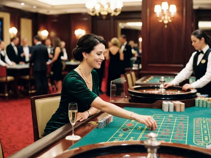 777 casino gcash player enjoying an elegant casino setting with a bright and confident smile.