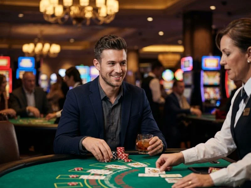 apex hub player smiling confidently while playing at a glamorous casino table.