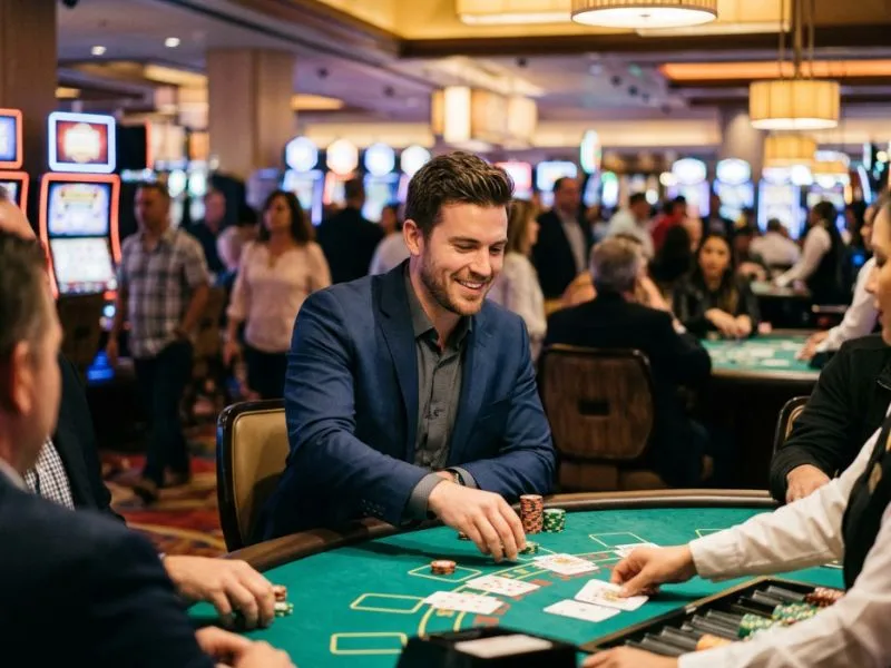 apex hub player enjoying the thrill of a luxury casino night with a confident smile.