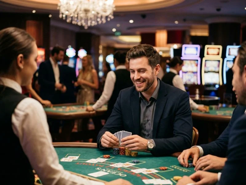 apex hub player celebrating a winning moment at a stylish casino in formal attire.