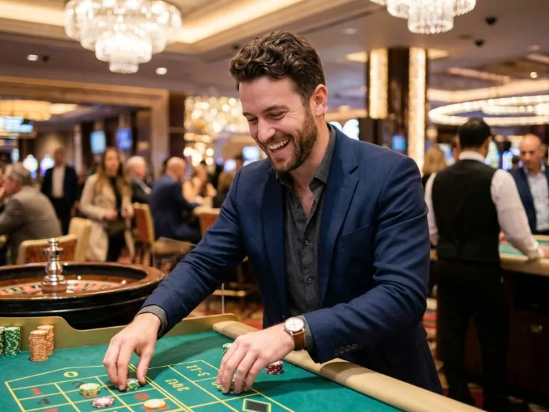 apex online casino player relaxing while enjoying a vibrant and exciting casino atmosphere.
