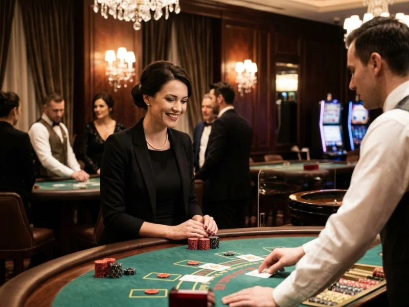 apex online casino player enjoying the lively atmosphere of an upscale casino floor.