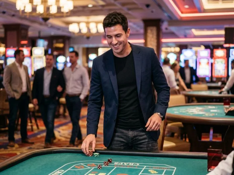 apex online casino player confidently trying his luck at a stylish casino table.