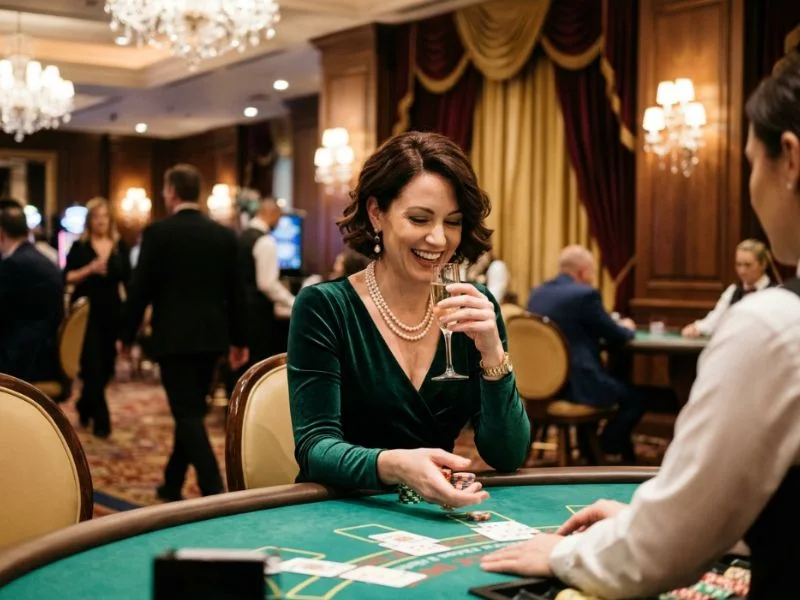 gcash online casino player smiling while enjoying a glamorous casino table.