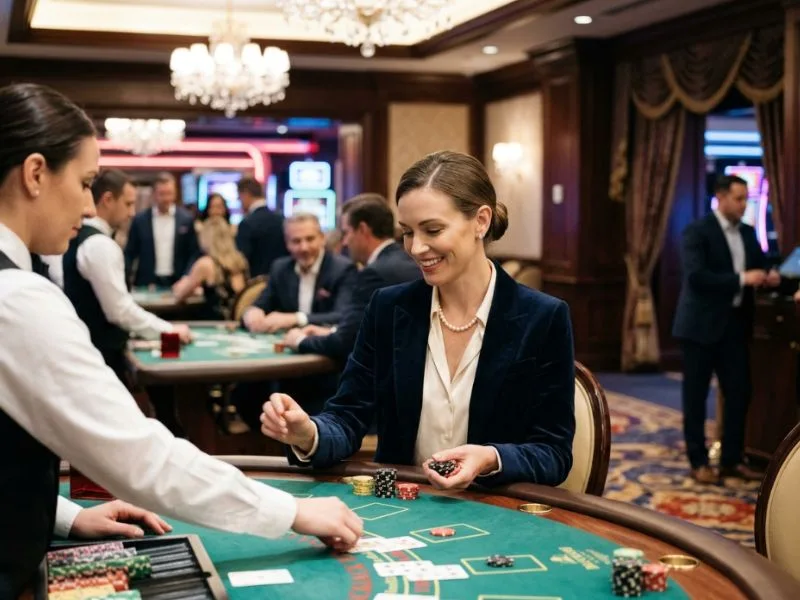 online casino using gcash player enjoying the glamour of a lively casino evening.