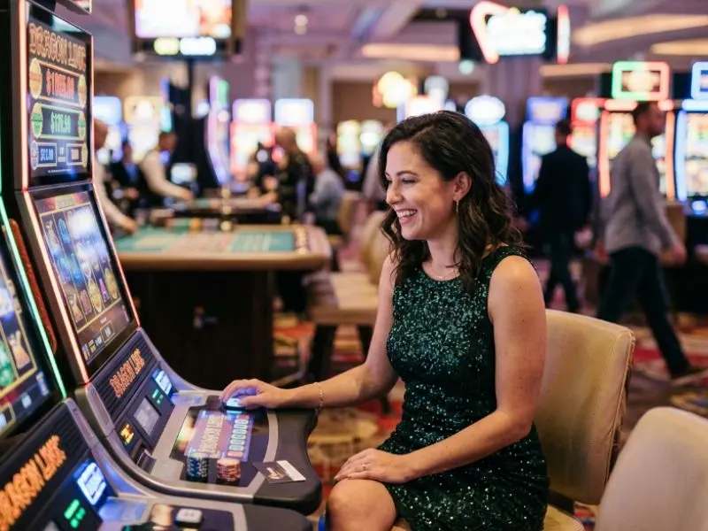 Elegant woman enjoying games with GCash while staying focused during casino-style gameplay