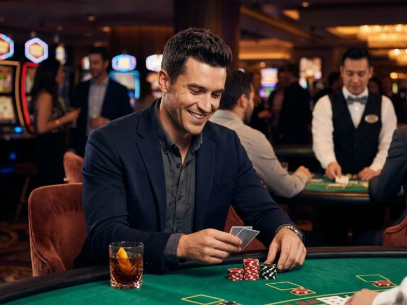 Confident man placing strategic bets on live casino tables with PAGCOR Online Casino GCash
