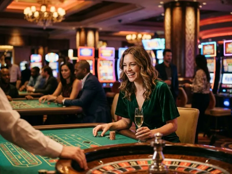 Smiling woman celebrating a casino win on a platform with a PAGCOR online gaming license