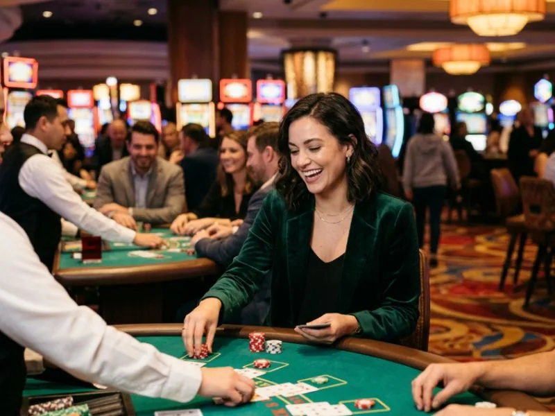 Woman playing cards under luxurious lights at the best online casino