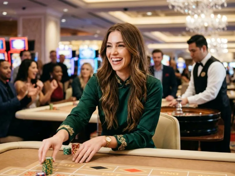 Woman smiling under glowing casino lights at a best online casino