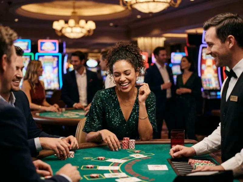 Happy woman collecting casino chips at BMY12 online casino login