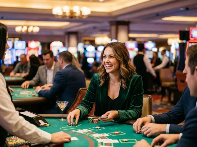 Woman celebrating a winning blackjack hand at BMY12 online casino login