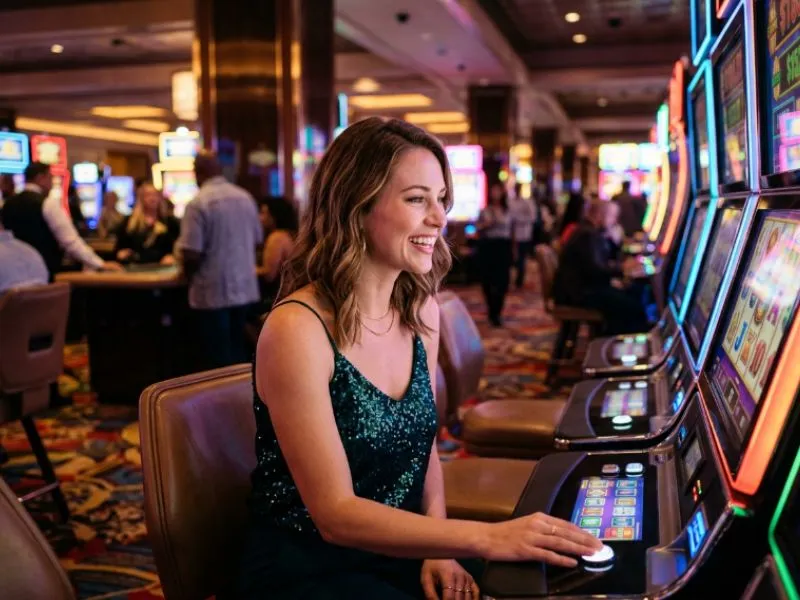 Woman enjoying a colorful slot machine at BMY12 online casino login